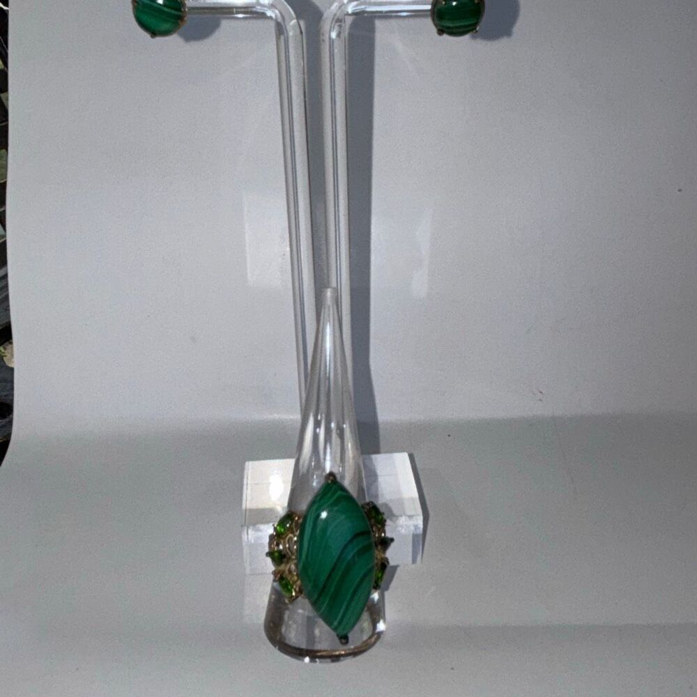 925 sterling silver STS malachite statement ring + stud earrings Sz 9 w/emeralds